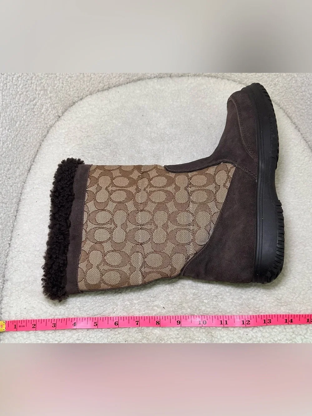 Coach Sherman Signature Logo Shearling Trim‎ Winter Snow Boots Brown Suede 8.5
